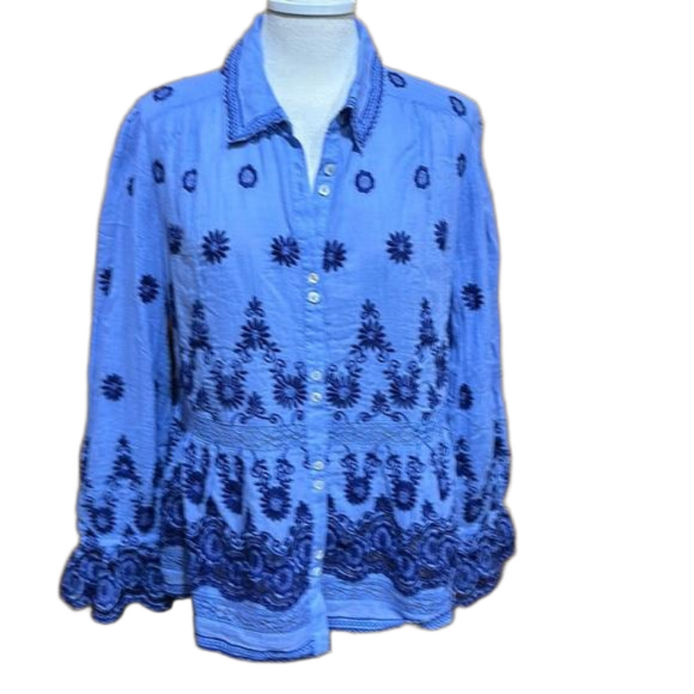 Sundance Tales Of Time Embroidery with Lace Detail Peplum Top Size Large - NWT